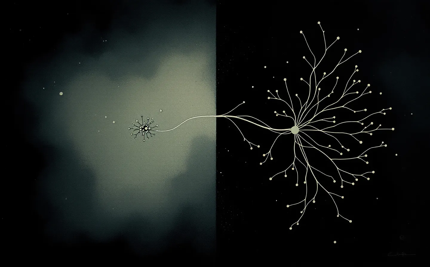 A quiet abstract sage-on-ink schematic contrasting a small central node-cluster with a thin peripheral line-network across generous negative space